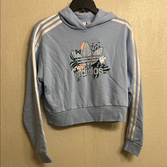 Adidas Youth Girl Sky Blue Cropped Hoodie Floral Graphic Size Large - Picture 1 of 9